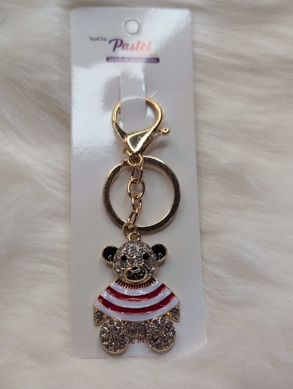 Gold Teddy Bear Keychain/Bag Charm with Red & White Striped Sweater